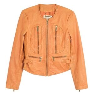 MICHAEL KORS Orange Leather‎ Moto Jacket Cropped Gold Zip Women's XS